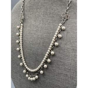 Ann Taylor Designer Faux Pearl Dangle Beaded Silver Tone Necklace 27"